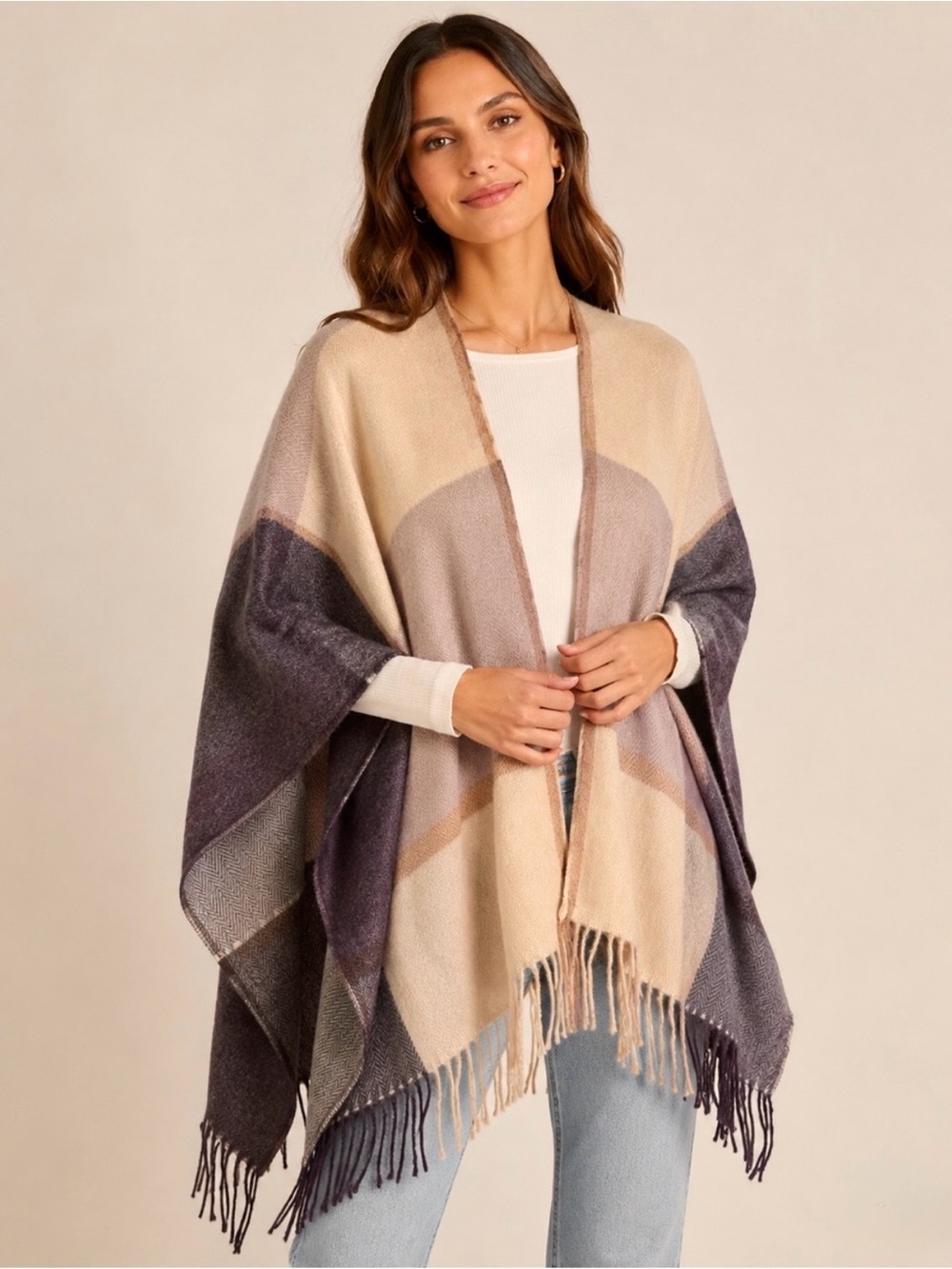 EUC Woolrich Women’s Purple Tan Cream Poncho Cape Wrap ~ Fringe Boho Plaid ~ OS